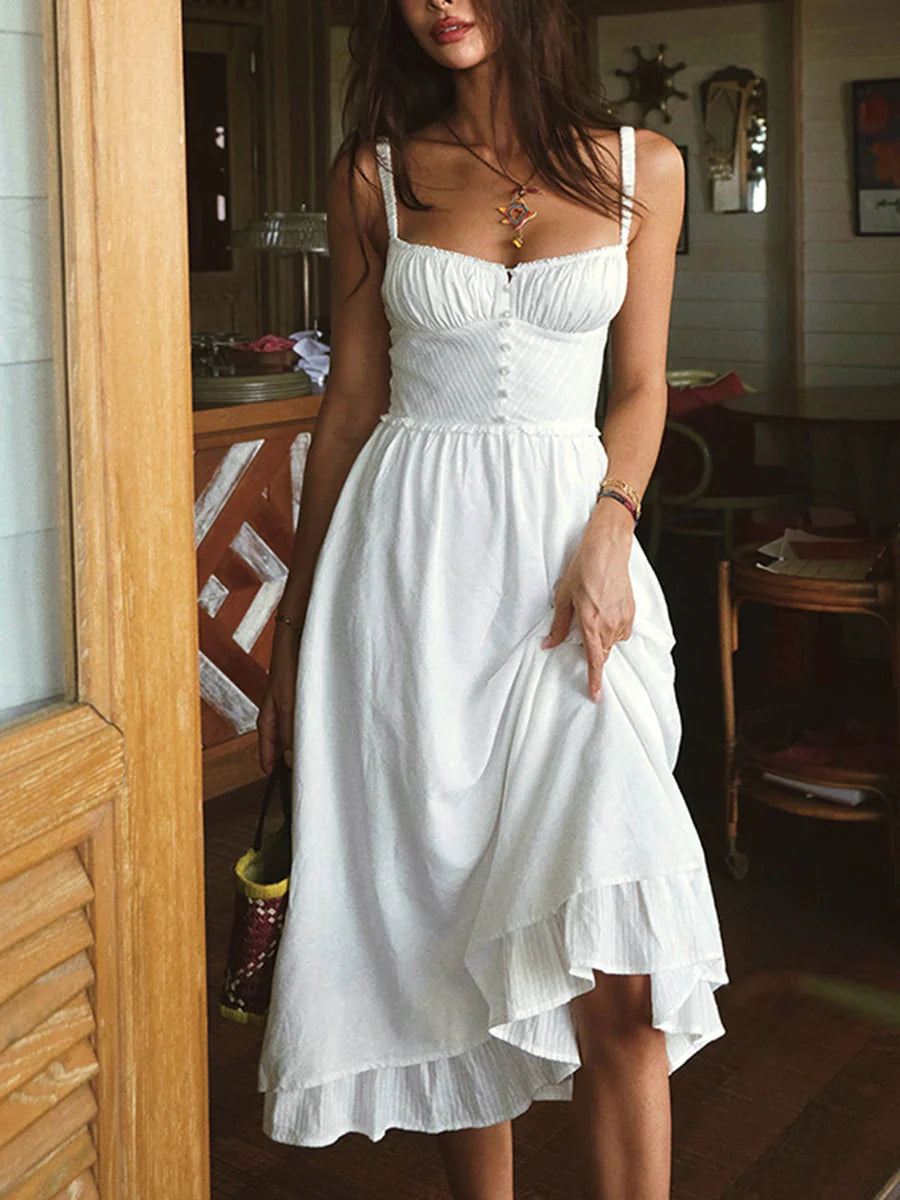 Vestido Midi Liso con Tirantes y Bajo con Volantes